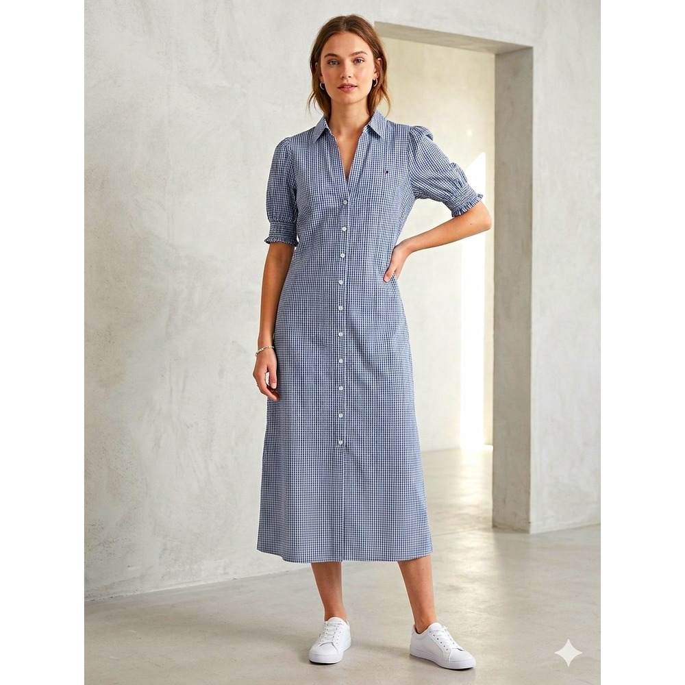 Tommy Hilfiger Dress XS Blue White Gingham Shirtdress Embroidered Puff Sleeve